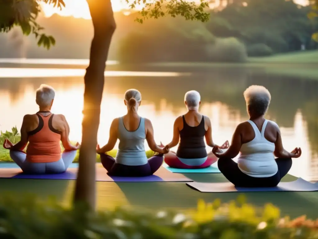 Un grupo de personas mayores practicando yoga al amanecer, con expresiones serenas y el cálido sol proyectando largas sombras sobre un paisaje sereno. <b>Ayuno intermitente para longevidad humana.