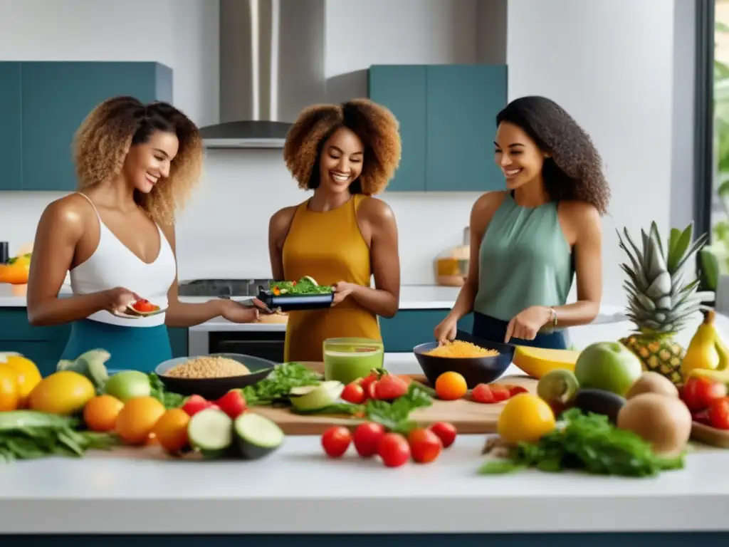 Un grupo variado cocina juntos en una cocina contemporánea, mostrando los beneficios del ayuno intermitente para la longevidad humana.