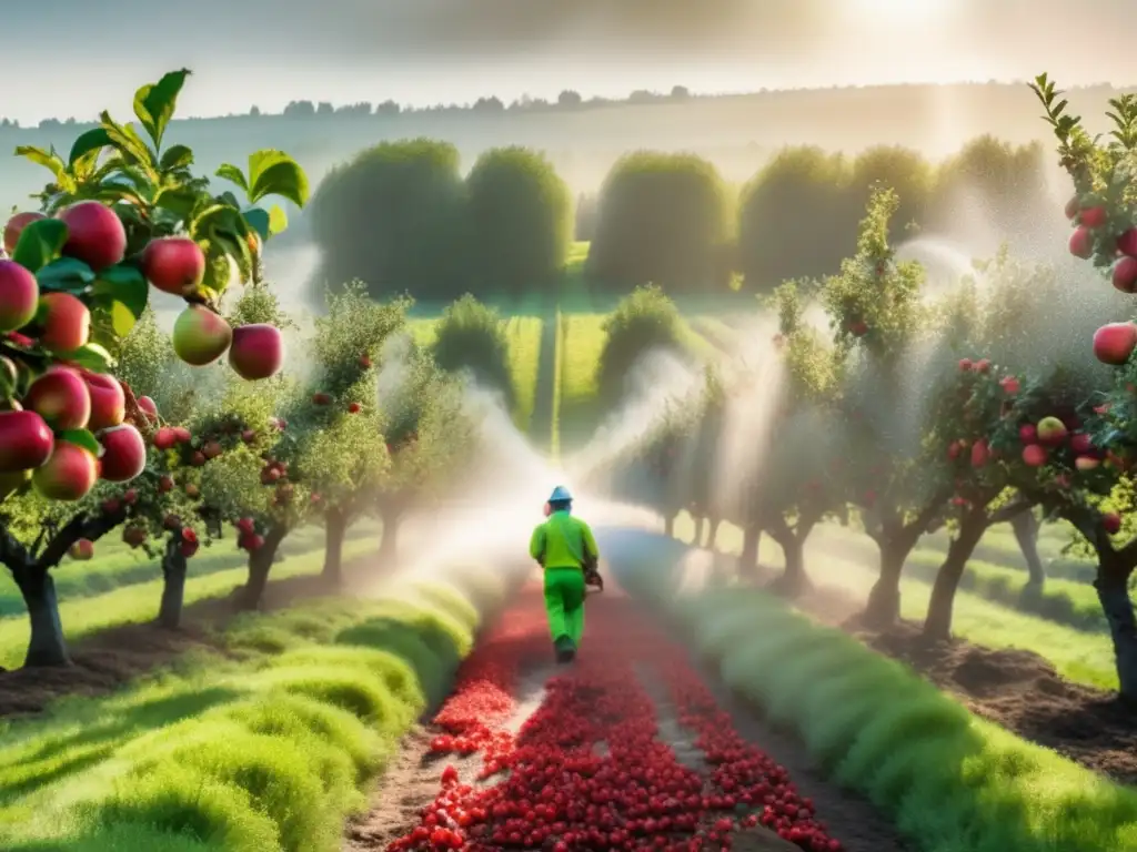 Un hermoso huerto de manzanas con árboles frondosos y manzanas maduras. <b>Un granjero rocía pesticidas, creando un efecto etéreo.</b> <b>Efectos pesticidas salud longevidad.