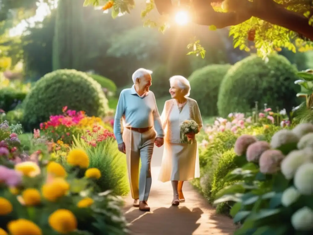 Un hermoso retrato de una pareja mayor paseando por un jardín soleado, transmitiendo serenidad y amor duradero. Estudios correlacionales longevidad felicidad