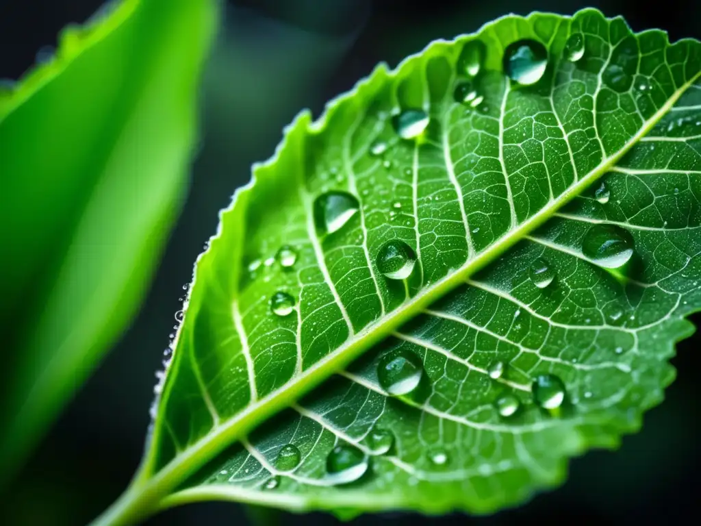 Una hoja verde vibrante con gotas de agua, reflejando luz y vitalidad. <b>Selenio en la lucha contra el envejecimiento.