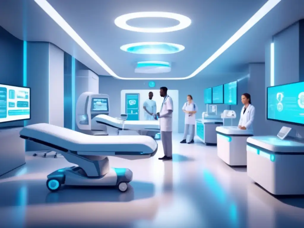 En un hospital futurista, la automatización médica se integra con profesionales y robots amigables, reflejando innovación y colaboración en la industria de la salud. <b>Automatización médica: Beneficios, riesgos y ética.