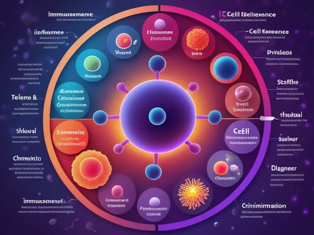 Una ilustración detallada de una célula del sistema inmunológico humano rodeada de diagramas que destacan factores científicos como el acortamiento de los telómeros, el agotamiento de las células inmunitarias y la inflamación crónica. Combatiendo la inmunosenescencia para longe