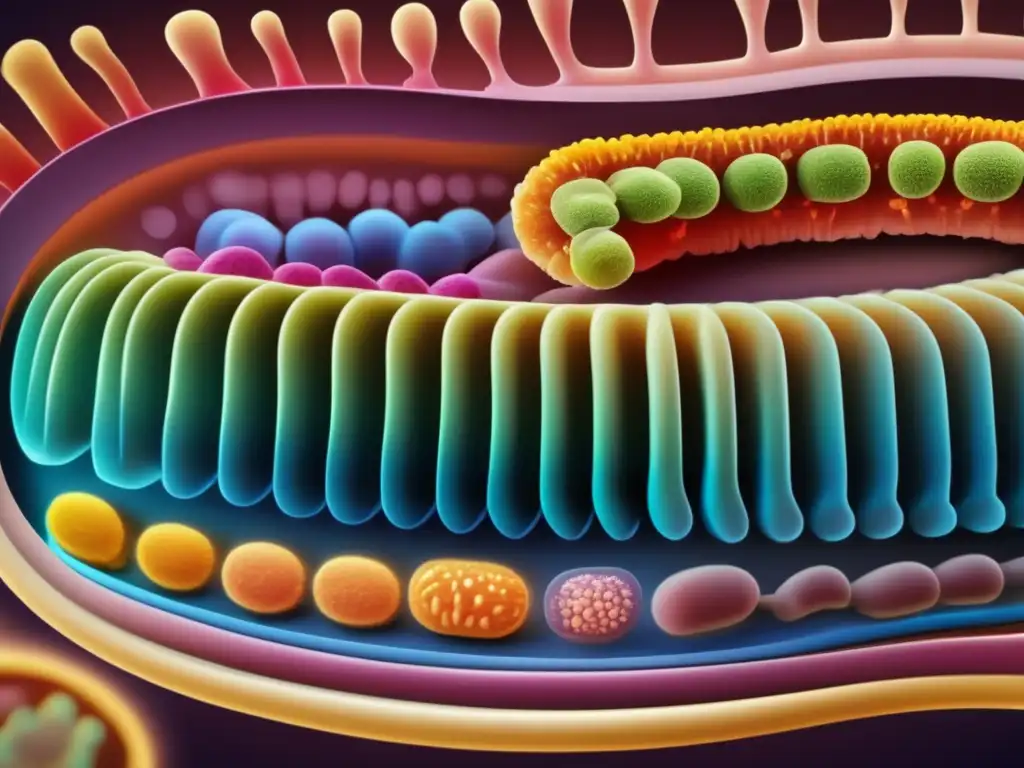 Una ilustración detallada de la microbiota intestinal y su impacto en la longevidad humana, mostrando la diversidad microbiana con colores vibrantes.