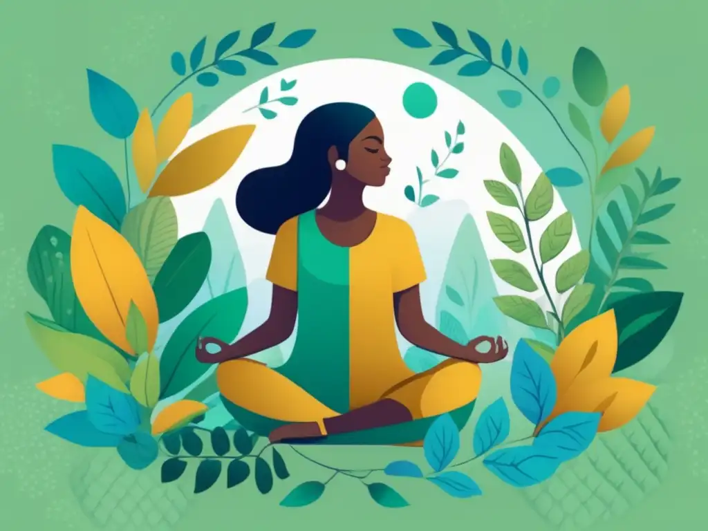 Una ilustración moderna de una persona en postura meditativa rodeada de exuberante vegetación. La imagen emana calma y serenidad, con detalles intrincados y tonos armoniosos. <b>Beneficios ayuno intermitente longevidad.