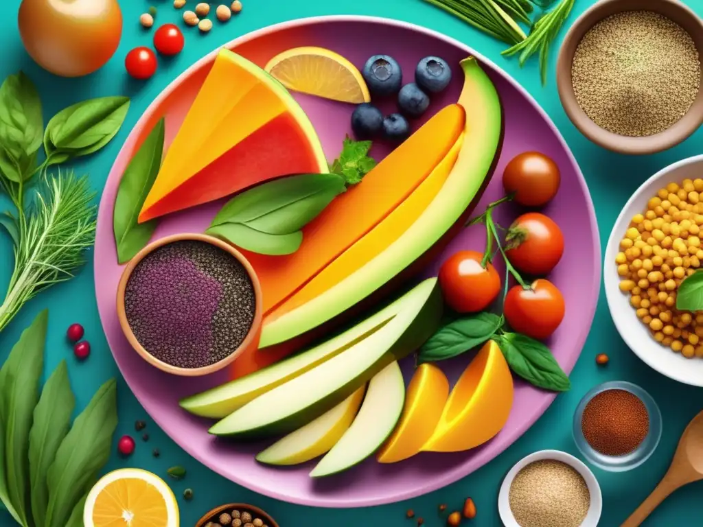 Una ilustración moderna y vibrante de un plato colorido repleto de alimentos saludables y nutritivos, rodeado de hierbas y especias variadas. Destaca la importancia de una dieta equilibrada para promover la longevidad y apoyar la salud de las telomerasas.