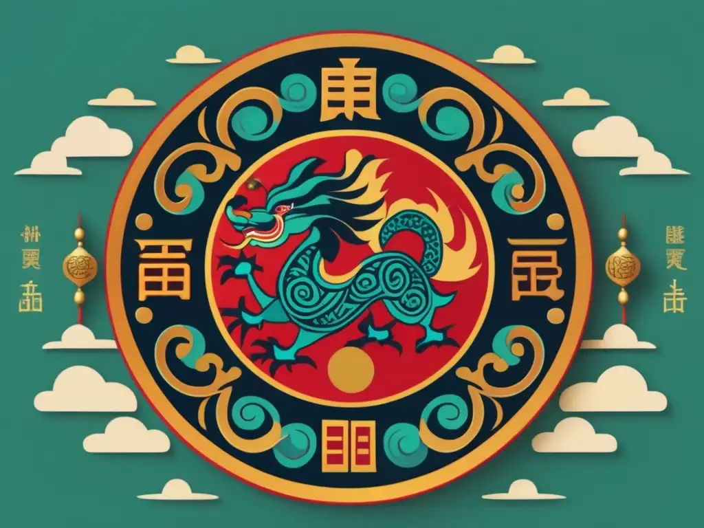 Una ilustración moderna y vibrante del símbolo de longevidad antigua China, con detalles intrincados y colores ricos. <b>Rodeado de nubes auspiciosas y motivos tradicionales, emana una sensación de atemporalidad y significado cultural.</b> Los colores son audaces y dinámicos,