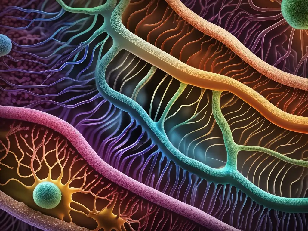 Una imagen detallada del microbioma humano, mostrando la compleja red de bacterias, hongos y microorganismos en el tracto intestinal. <b>Destaca la relación simbiótica entre el microbioma y la salud humana, con colores vibrantes y texturas detalladas que muestran la diversidad de especies microbian