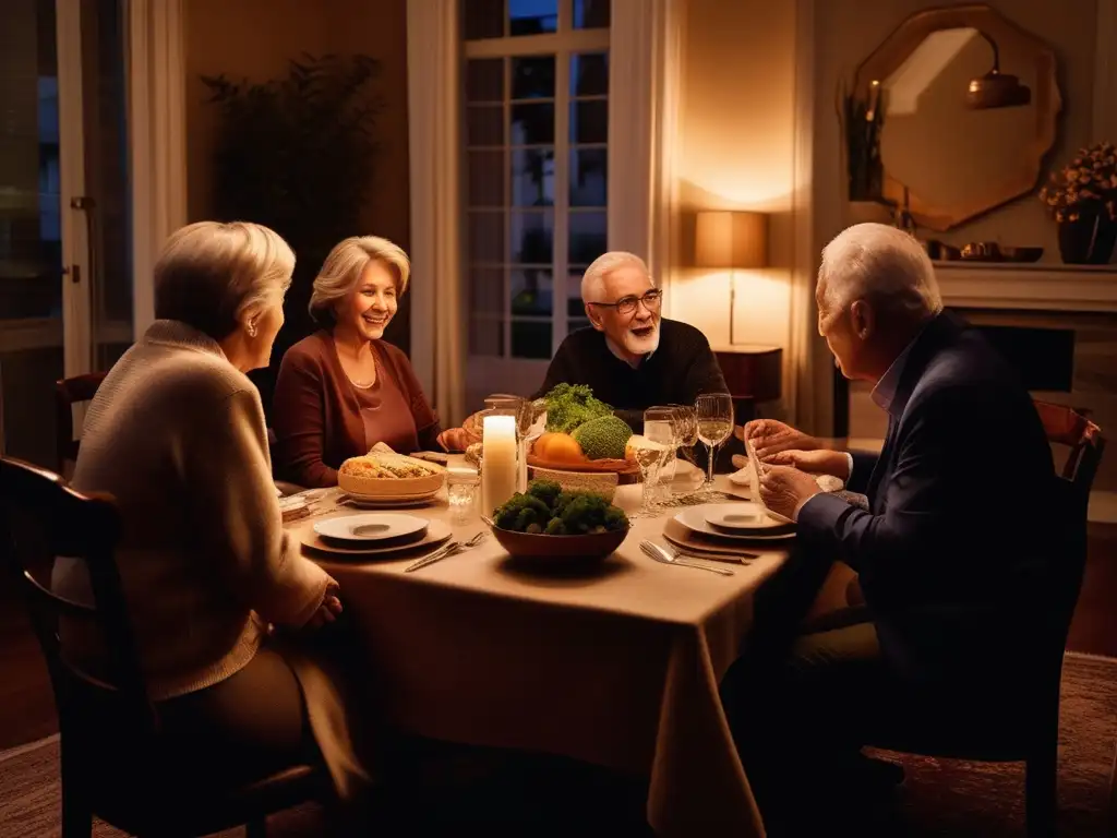 Una imagen con tres generaciones reunidas alrededor de la mesa, compartiendo sabiduría y afecto. <b>Brecha de riqueza intergeneracional vida prolongada.