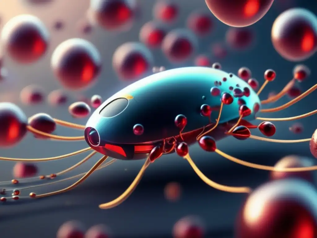 Una imagen impactante de nanobots futuristas en un torrente sanguíneo, desplegando nanomedicina para prolongar vida saludable.