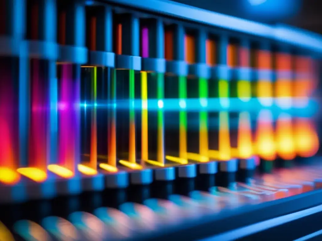 Una imagen de alta resolución de una máquina de secuenciación de ADN en un laboratorio de vanguardia, con colorantes fluorescentes iluminando los fragmentos de ADN mientras son secuenciados. La tecnología de próxima generación y la medicina predictiva se destacan, mostrando la precisión y complejidad del