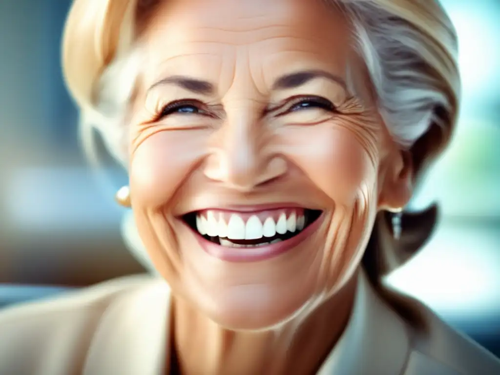 Una imagen de una mujer mayor sonriendo confiadamente, mostrando sus dientes radiantes y saludables. El moderno consultorio dental de fondo transmite profesionalismo y cuidado, reflejando la importancia de los cuidados dentales para la longevidad.