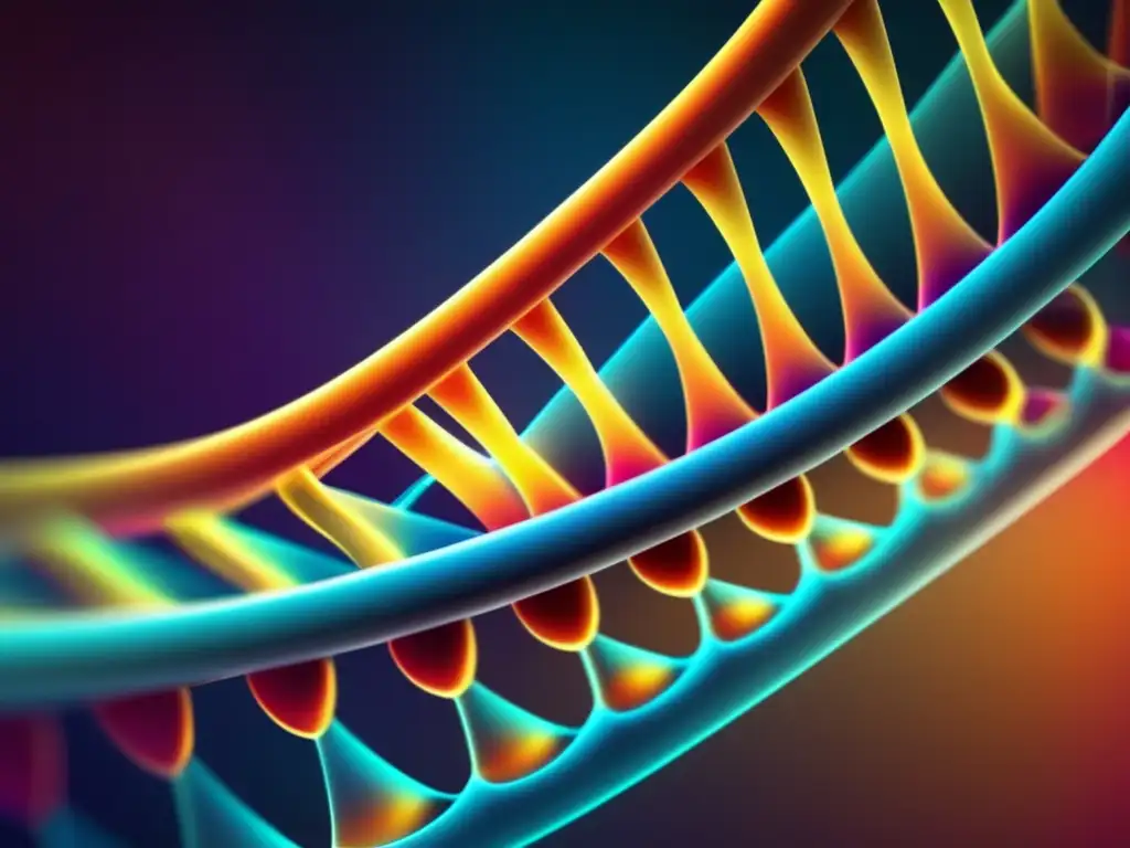 Una imagen de alta resolución de una estructura de doble hélice de ADN, con colores vibrantes y brillantes que representan el código genético. <b>Detalles intrincados muestran los giros y vueltas de la hélice, con cada nucleótido y enlace de hidrógeno claramente visibles.</b> El aspect