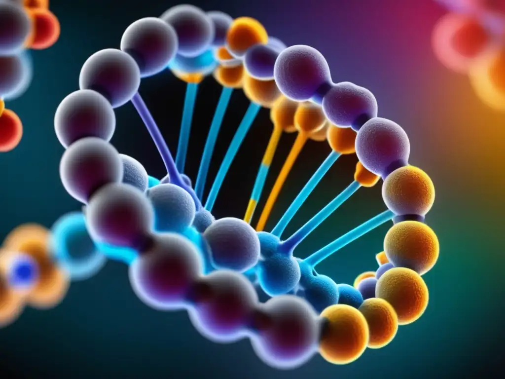 Una imagen ultradetallada muestra el complejo enzimático de la telomerasa, con sus componentes claramente visibles y etiquetados. Los colores vibrantes y los detalles nítidos resaltan la estructura intrincada del enzima, mientras el fondo de laboratorio científico transmite la naturaleza