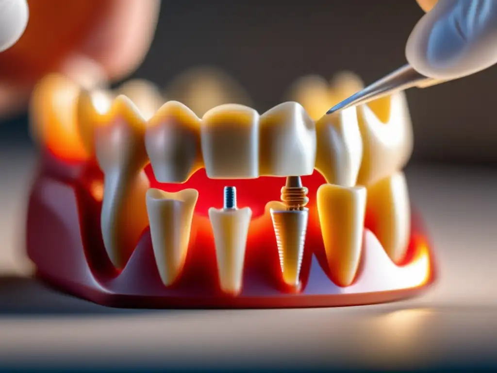 Implante dental de nanotecnología en modelo de mandíbula 3D, en una clínica moderna. <b>Nanotecnología odontología sonrisa duradera.