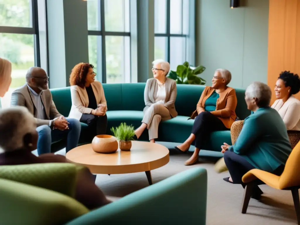 'Importancia del coaching intergeneracional: Grupo diverso en animada discusión, reflejando respeto, comprensión y colaboración.'