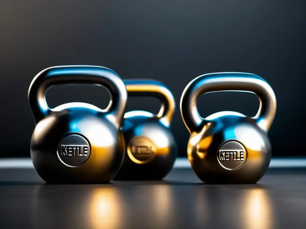 Un impresionante closeup de kettlebells modernos y elegantes en un suelo de concreto pulido, con iluminación dramática que resalta sus superficies metálicas lisas y diseño ergonómico. Una composición dinámica que destaca la fusión de forma y función en el entrenamiento con kettlebells para