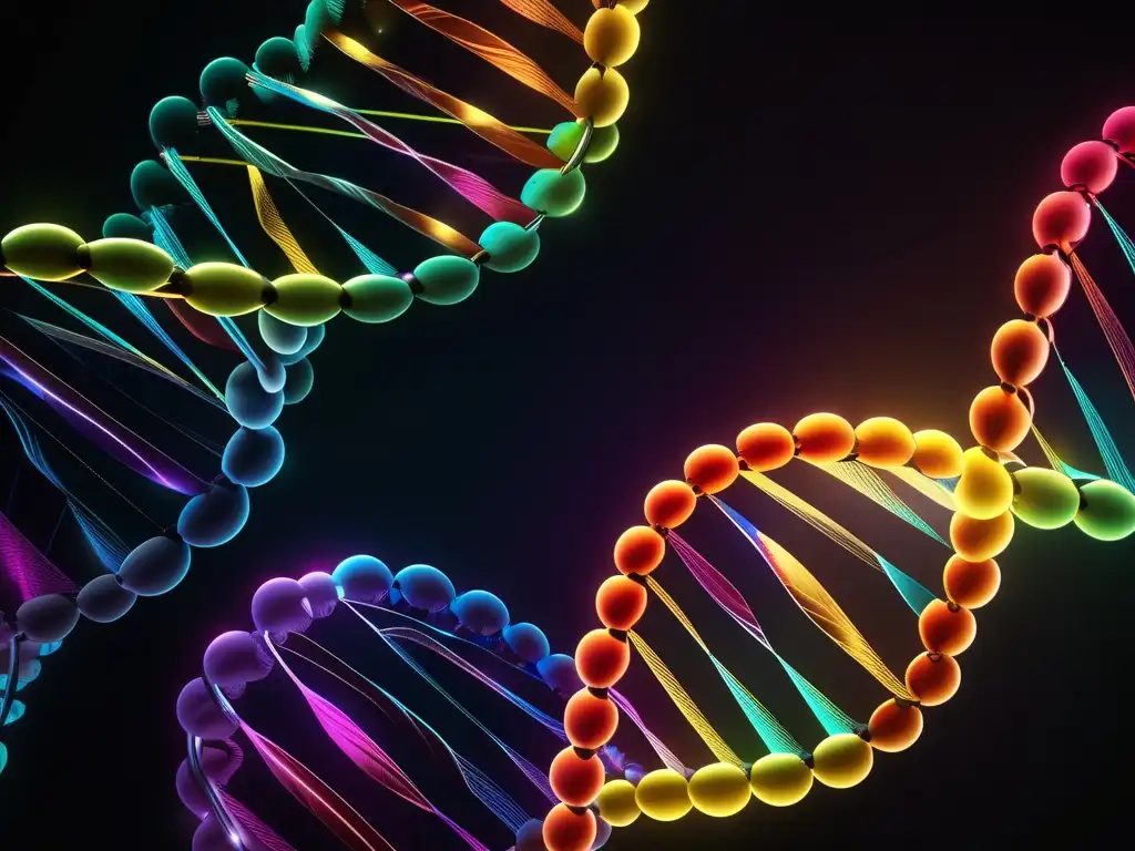 Un impresionante ADN de doble hélice, con colores vibrantes y detallados, simbolizando la importancia genética para el sistema inmunológico y la longevidad.