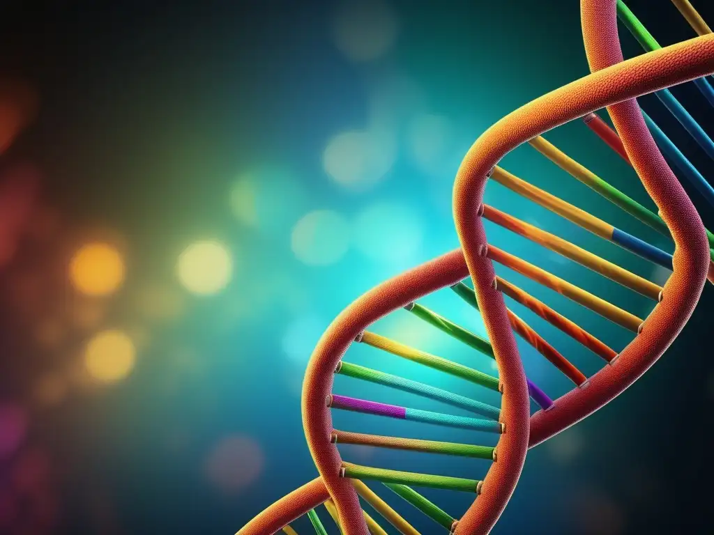 Una impresionante imagen en alta resolución de una doble hélice de ADN, con colores vibrantes que representan las bases. <b>Destacando la complejidad y belleza de la estructura genética.</b> <b>Fondo oscuro con luces dramáticas.</b> <b>Longevidad humana y herencia genética.