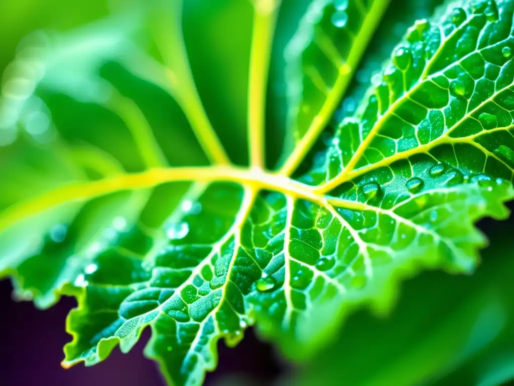 Una impresionante imagen detallada de una hoja de col rizada vibrante, con venas verdes intrincadas y una superficie texturizada. <b>La luz natural resalta los tonos ricos y crea un juego cautivador de sombras.</b> Las gotas de agua brillan en la superficie, añadiendo frescura y vital