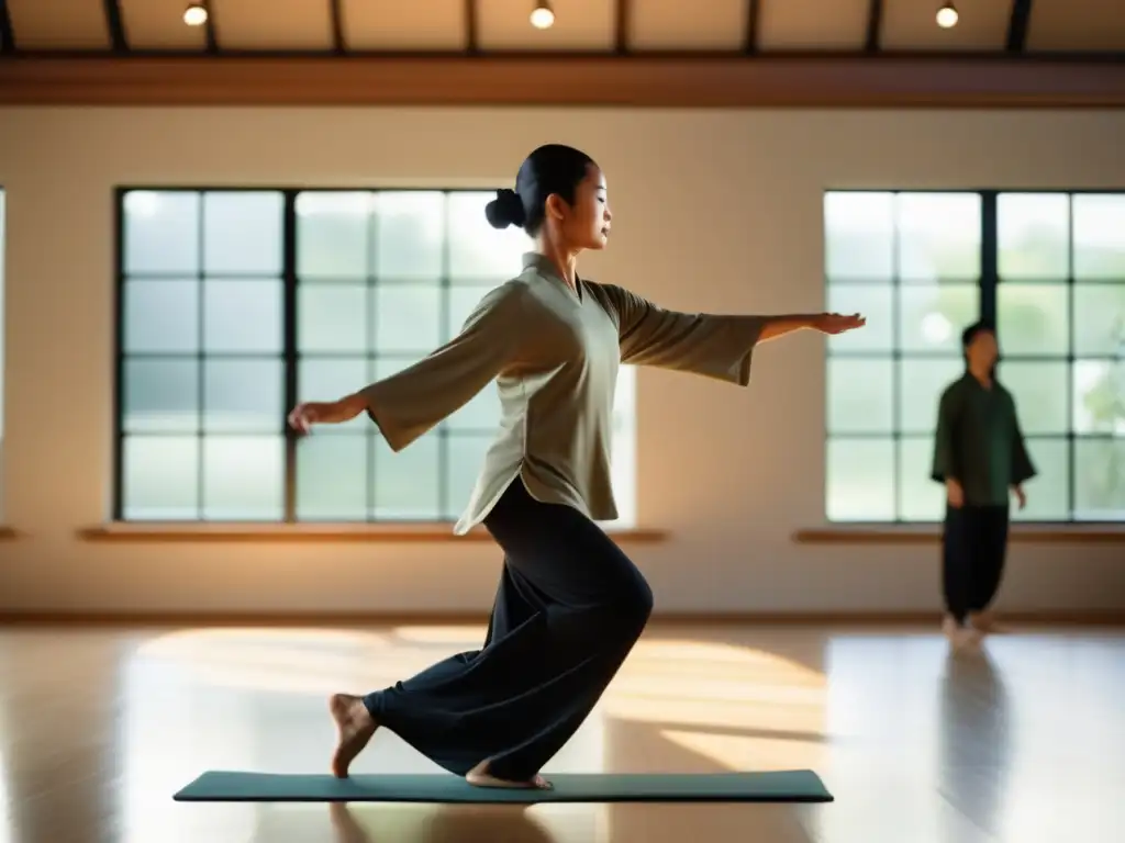 Un instructor de Tai Chi guía a un grupo en un estudio sereno, transmitiendo calma y enfoque. <b>Beneficios del Tai Chi para longevidad.