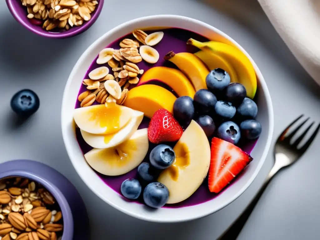 Una irresistible acai bowl con frutas frescas y miel, en plato blanco minimalista. <b>Beneficios para longevidad humana.