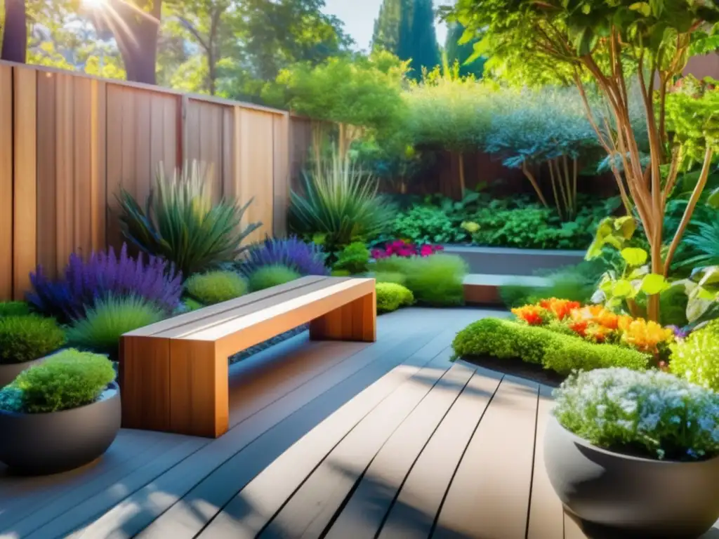 Un jardín moderno y vibrante con vegetación exuberante, flores coloridas y una sensación de tranquilidad. <b>Beneficios terapéuticos de la jardinería.