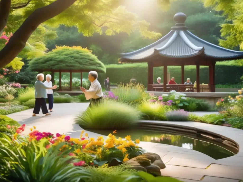 Un jardín sereno y soleado con senderos serpenteantes rodeados de flores coloridas y exuberante vegetación. En el centro del jardín, un grupo de ancianos practica tai chi, reflejando la atmósfera pacífica. La luz del sol se filtra a través de las hojas