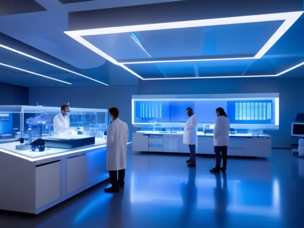 Un laboratorio futurista con científicos analizando avances en terapia génica para la longevidad humana, bañado en luz azul.