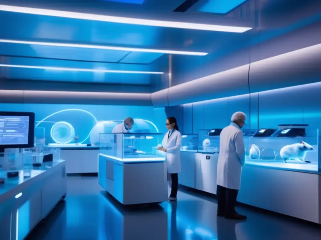 En un laboratorio futurista, científicos realizan terapia génica para longevidad humana mientras ratones rejuvenecidos demuestran el potencial.