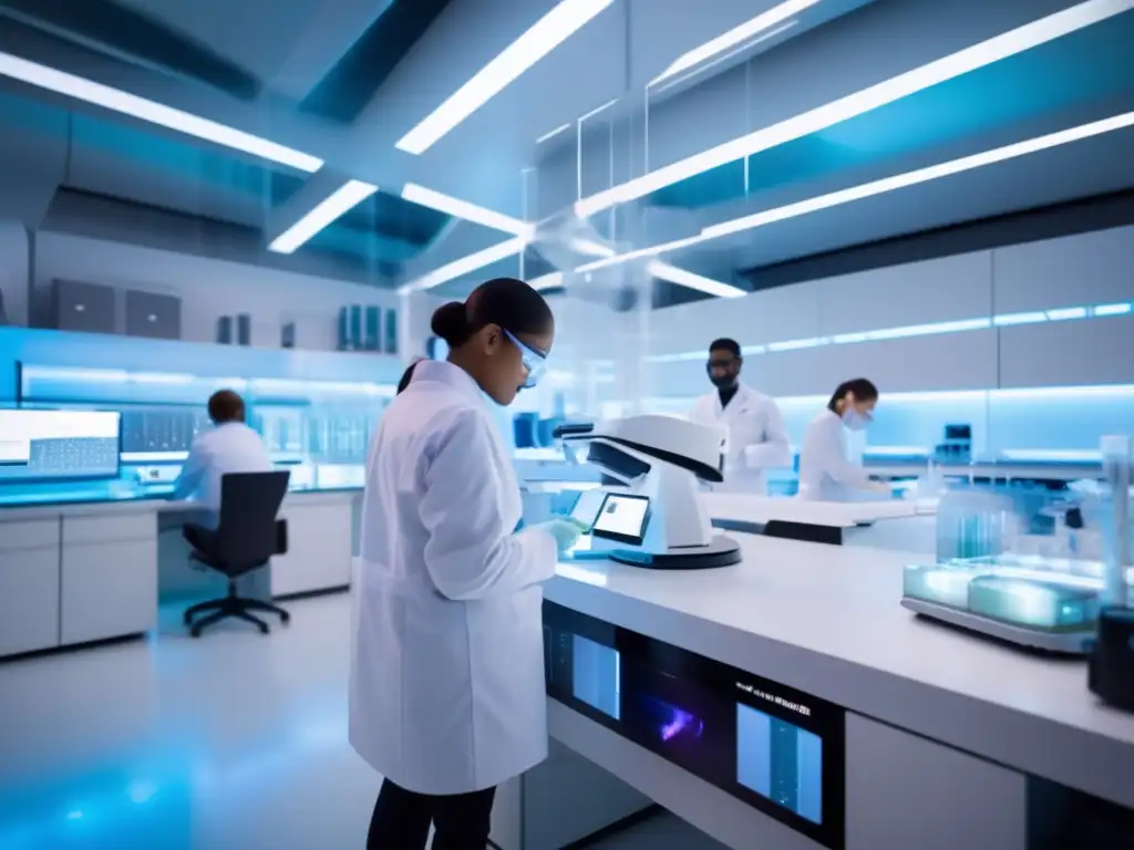 En un laboratorio futurista, científicos trabajan en la investigación de terapias génicas para longevidad humana con equipos avanzados y ambiente estéril.