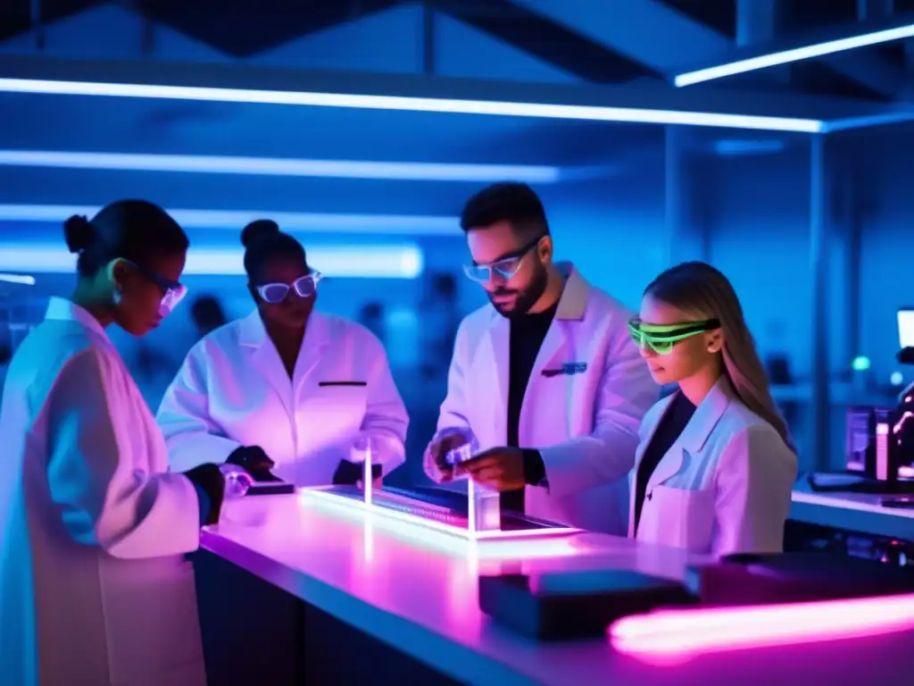 Un laboratorio futurista con equipos de biohacking de vanguardia. <b>Iluminación de neón y científicos experimentando.</b> <b>Biohacking para longevidad saludable vida.