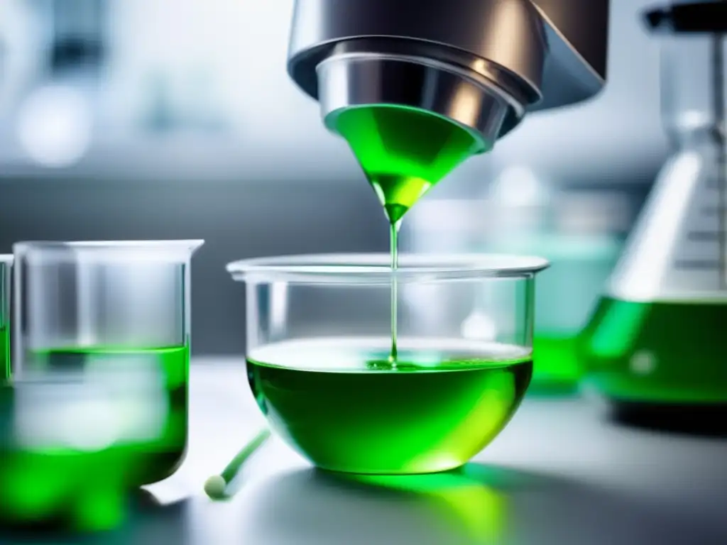 Un laboratorio moderno prepara una vibrante solución homeopática verde. <b>La imagen transmite precisión y cuidado, fusionando innovación científica con la tradición de la homeopatía.</b> <b>Importancia de la homeopatía en longevidad.