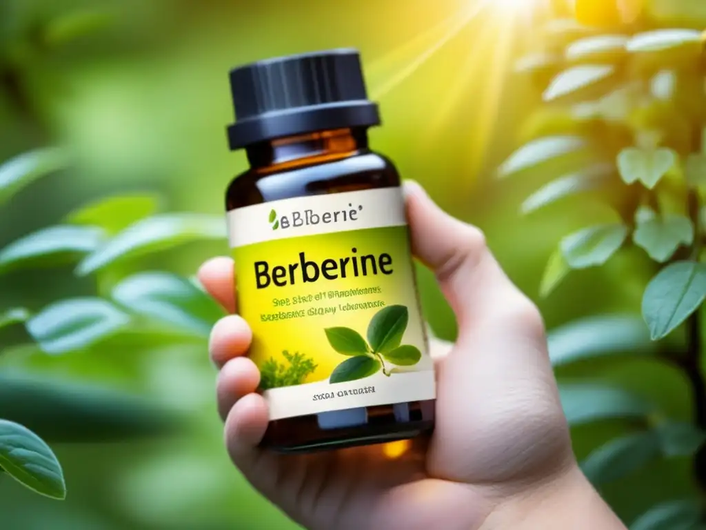 Una mano sostiene una botella de suplementos de berberina para longevidad saludable, rodeada de plantas verdes, con luz suave resaltando los colores vibrantes.