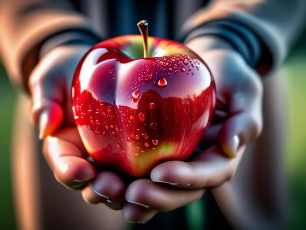 Una mano humana sostiene una manzana roja vibrante con gotas de agua. <b>La imagen irradia vitalidad y conexión con la naturaleza.</b> <b>Filosofía de la salud longevidad.