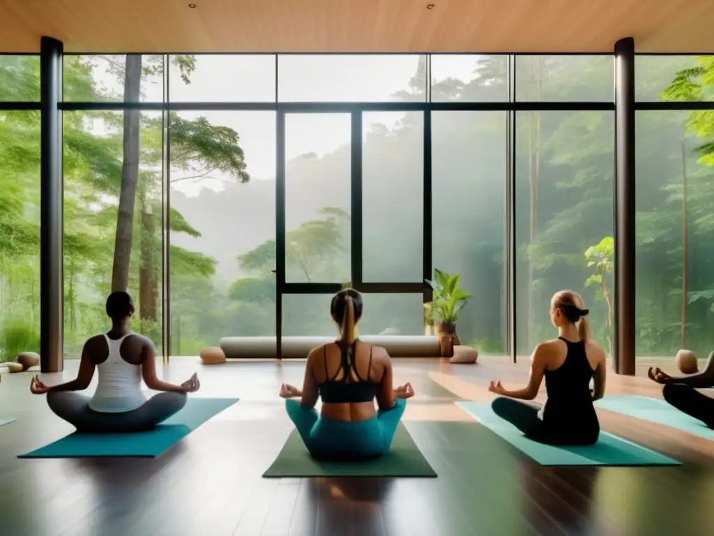 Un moderno centro de bienestar en el bosque con vista panorámica. <b>Practican yoga en la naturaleza.</b> <b>Programas de bienestar para longevidad.