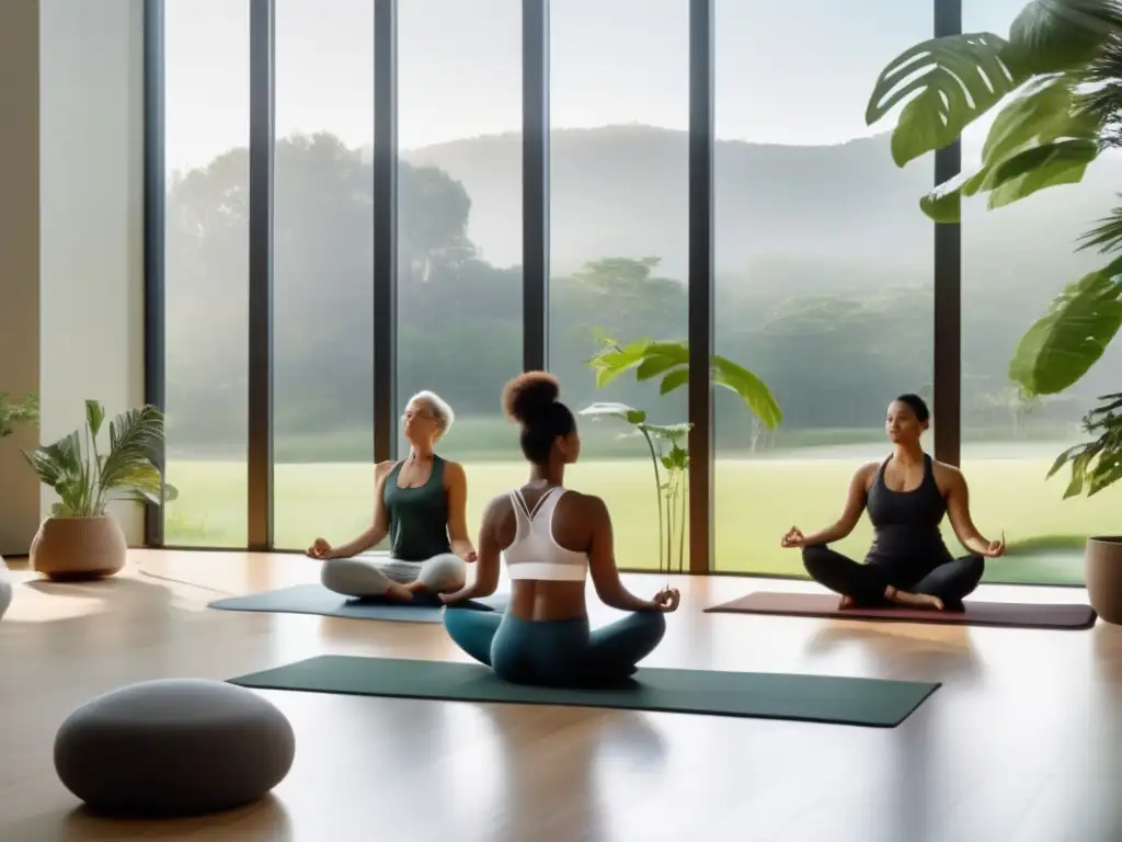 Un moderno centro de bienestar con grandes ventanales que dan a un paisaje verde. <b>Espacio iluminado, con plantas y muebles minimalistas creando una atmósfera tranquila.</b> <b>Personas diversas participan en una sesión de yoga o meditación.</b> <b>Terapias alternativas en programas de bienestar.