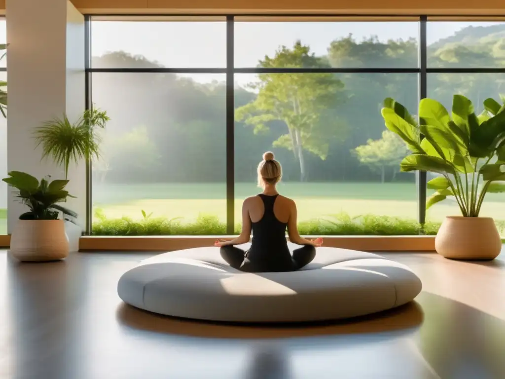 Un moderno centro de bienestar con grandes ventanas y vistas a un paisaje verde. <b>Espacio tranquilo con luz natural, plantas, y personas practicando meditación.</b> <b>Transmitiendo serenidad, conexión y bienestar emocional.</b> <b>Programas bienestar emocional longevidad.