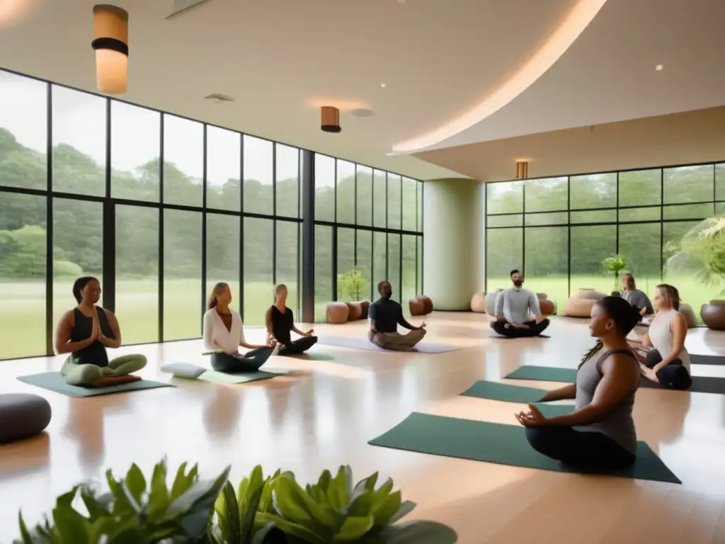 Un moderno centro de bienestar con luz natural y vistas a la naturaleza. <b>Personas diversas participan en un taller de bienestar, promoviendo la longevidad.