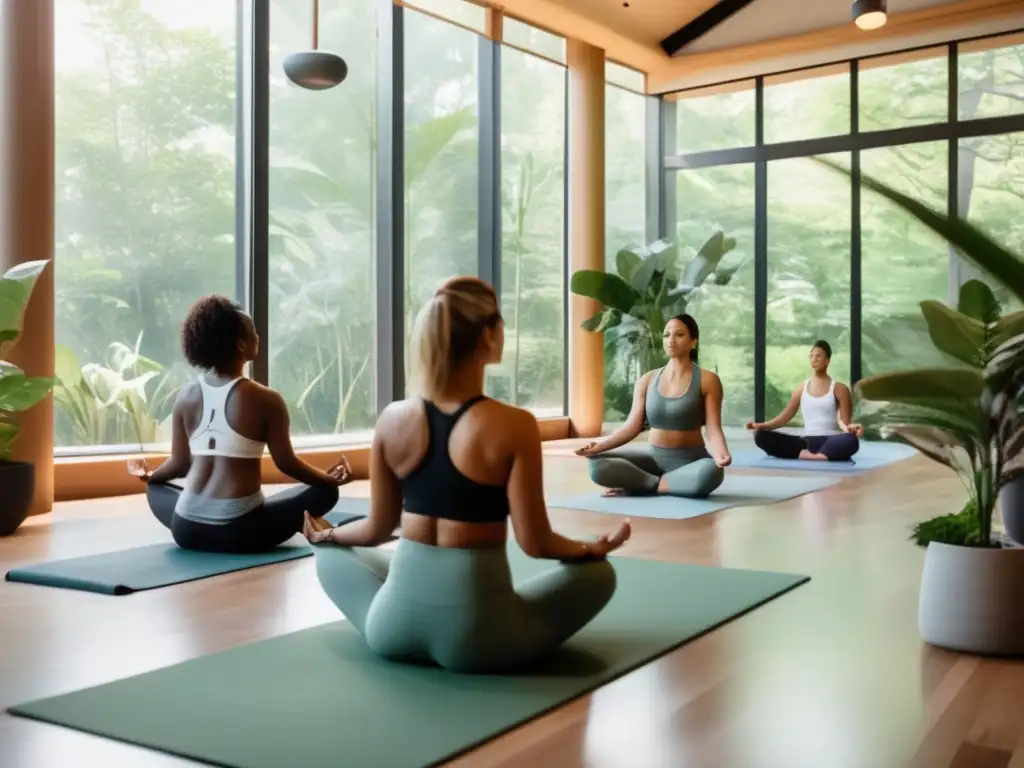 Un moderno centro de bienestar con vistas a la naturaleza y un ambiente tranquilo. <b>Personas practican yoga, reflejando bienestar holístico.