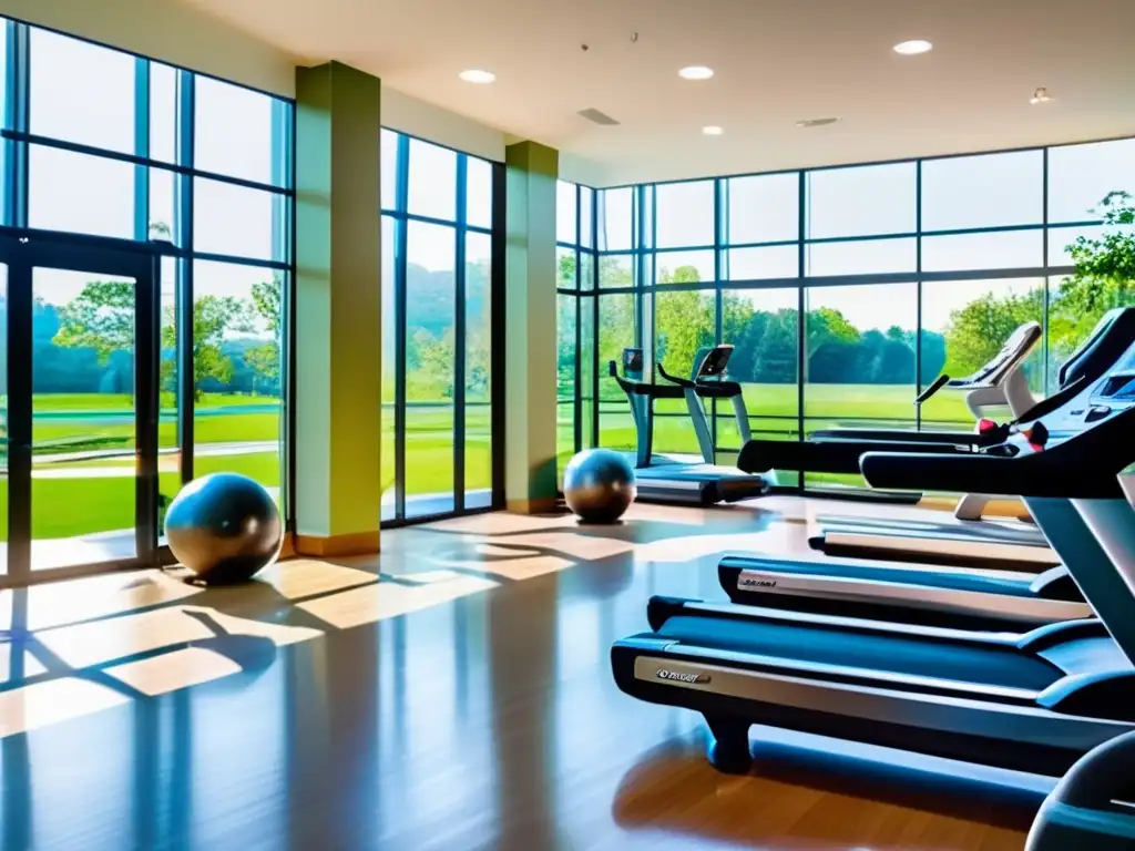 Un moderno gimnasio con vista a un paisaje verde. <b>Equipos de ejercicio de última generación.</b> <b>Luz natural, atmósfera tranquila con adultos mayores participando en diversas actividades.</b> <b>Programas personalizados bienestar adultos mayores.