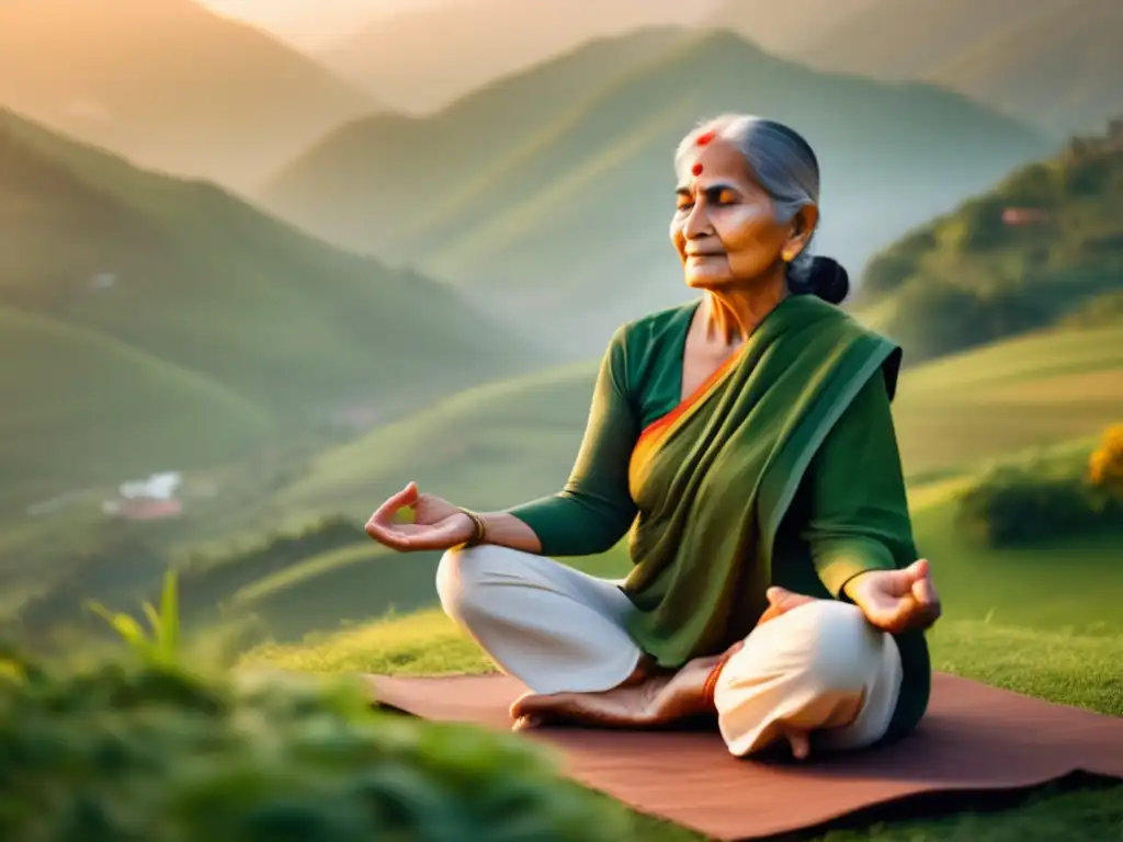 Una mujer anciana en pose de yoga, rodeada de montañas nevadas y valles brumosos al amanecer. <b>Viste ropa ayurvédica y emana serenidad y vitalidad.</b> <b>Secretos ancestrales longevidad vida plena.