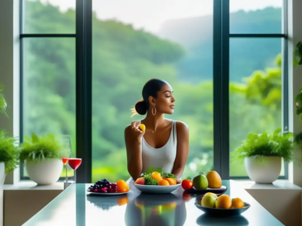 Una mujer practica el ayuno intermitente mientras disfruta de una comida saludable en un entorno natural y sereno, activando la autophagia.