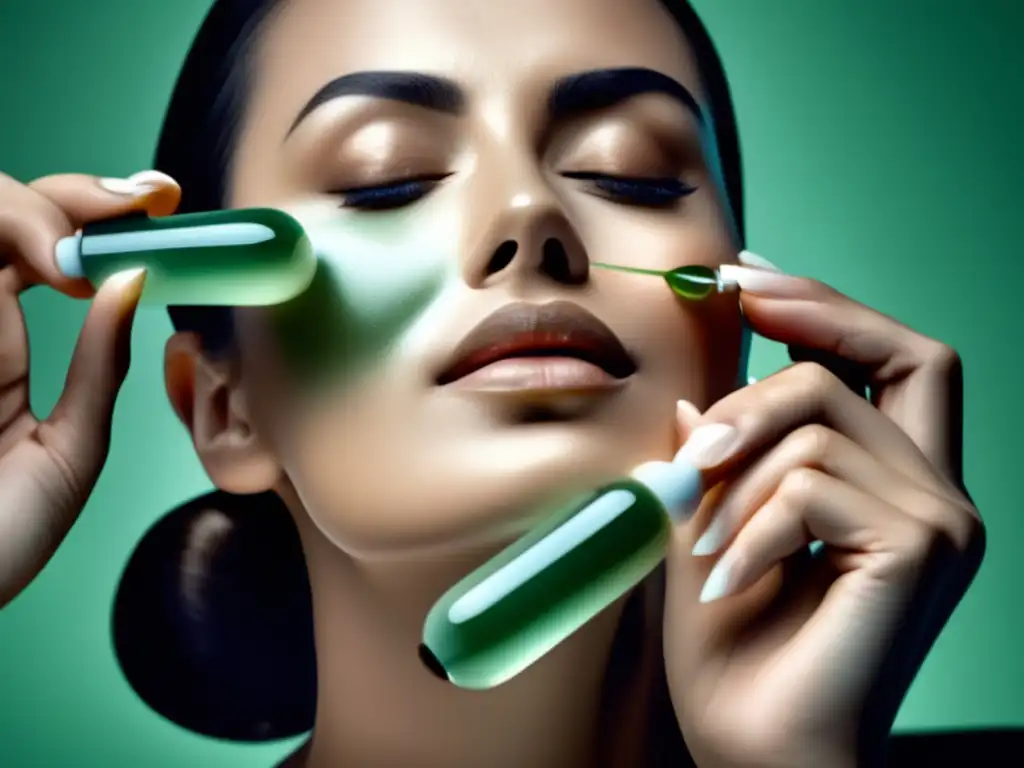 Una mujer madura realiza un masaje facial con rodillos de jade y aplica un lujoso suero antienvejecimiento. <b>Rutinas cuidado facial para longevidad.