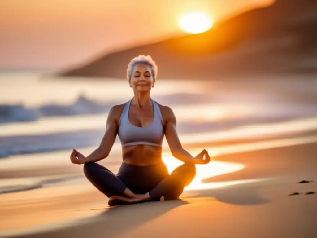 Una mujer madura practica yoga en la playa al amanecer, irradiando calma y equilibrio. <b>Captura la esencia de flexibilidad, equilibrio y longevidad.