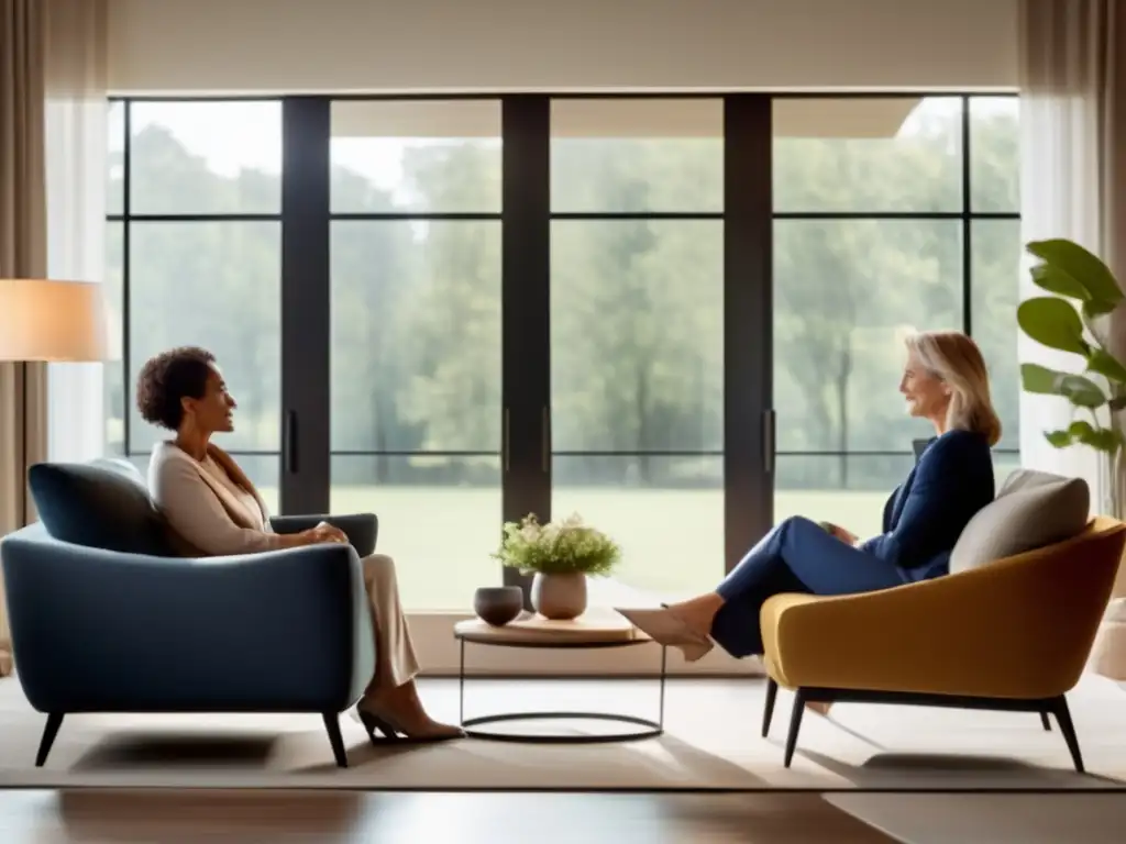 Una mujer mayor conversa con un coach en un salón luminoso y moderno. <b>Transmite crecimiento interior en el envejecimiento.