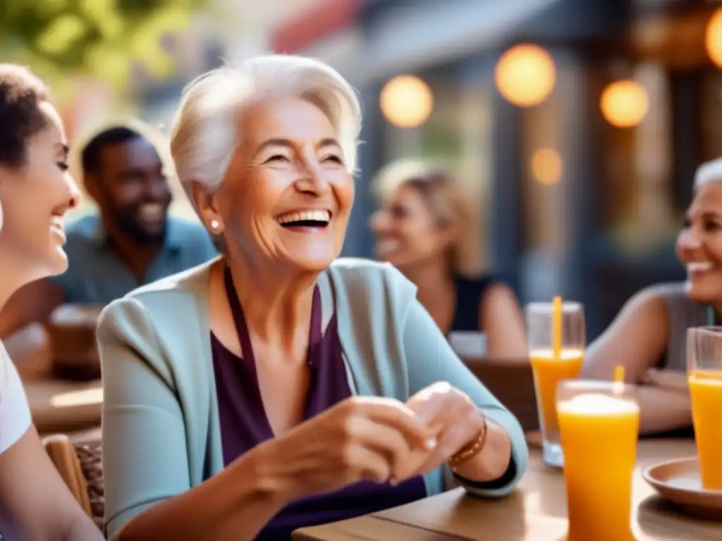 Una mujer mayor sonríe mientras conversa animadamente con un diverso grupo de amigos en un animado café al aire libre. <b>El sol proyecta un cálido resplandor, iluminando sus rostros felices y creando una sensación de alegría y conexión.</b> El lenguaje corporal de la mujer irradia