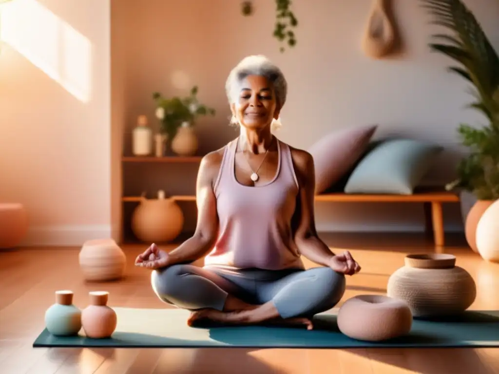 Una mujer mayor practica yoga en una habitación tranquila con terapias alternativas para la salud mental en la tercera edad.