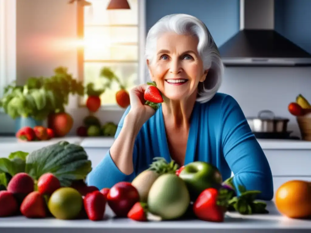 Una mujer mayor examina una jugosa fresa, rodeada de frutas y verduras. <b>La luz del sol realza la belleza natural de los alimentos.</b> <b>Alimentos saludables para una vida longeva.