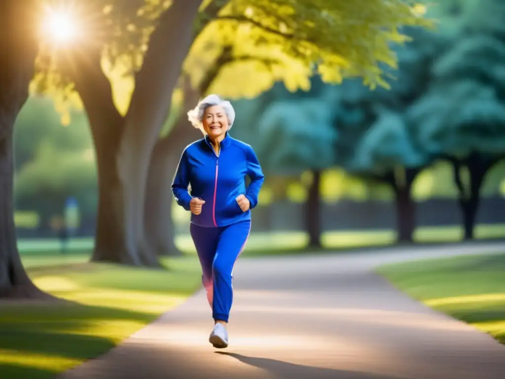 Una mujer mayor en un parque soleado, vistiendo un traje azul brillante, camina con determinación. El ambiente vibrante transmite vitalidad y energía, mostrando la diversidad del ejercicio para mejorar la función cognitiva.